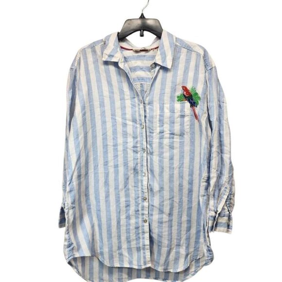 Soft Surroundings Medium Linen Blue White Striped Embroidered Parrot Button Up - Picture 1 of 6